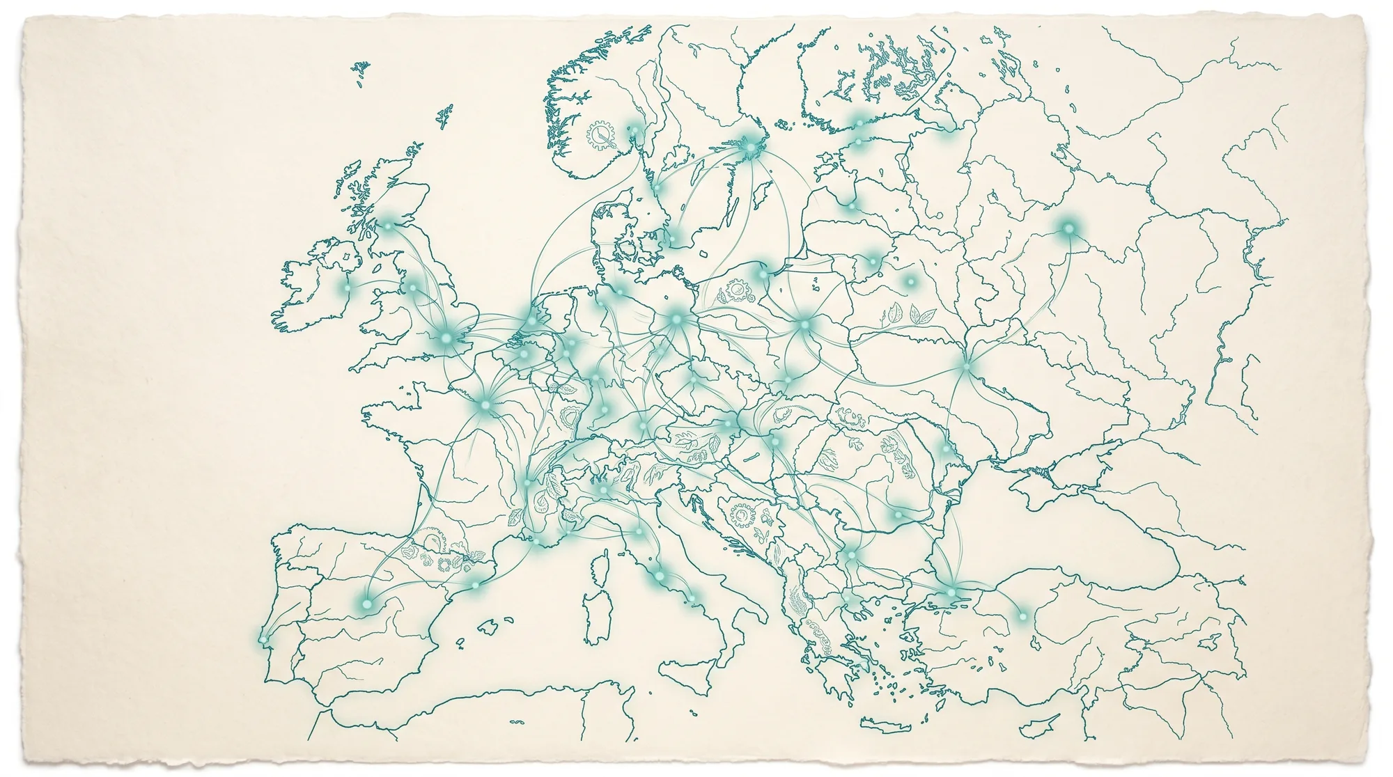 Europe rendered as teal line-work with glowing nodes connected by flowing knowledge networks