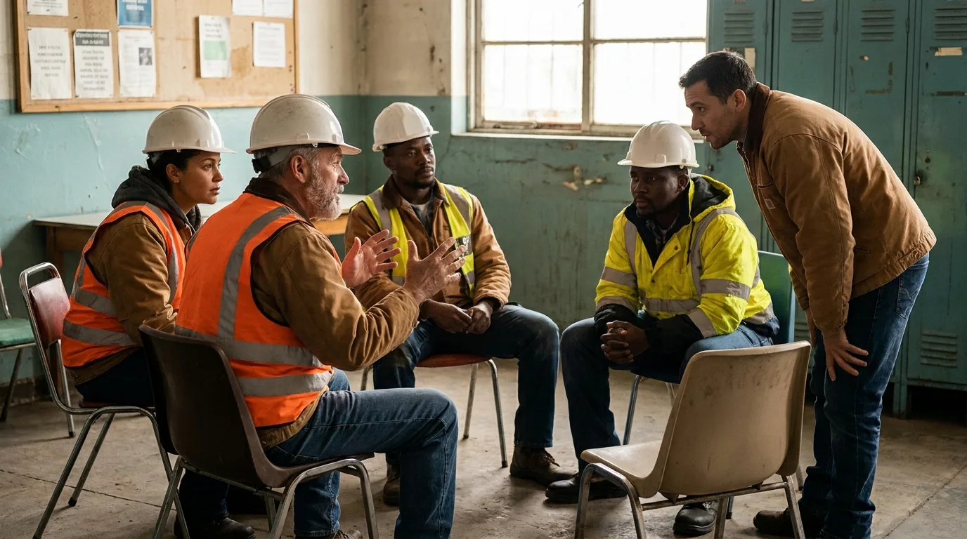 A Sharing Circle: energy-sector workers seated together in a workplace, one narrating while colleagues and a facilitator listen